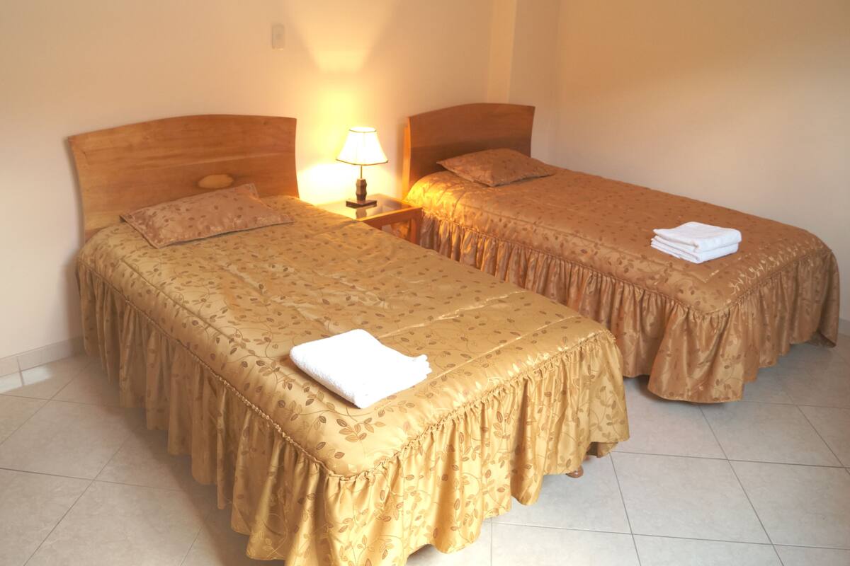 Two single beds with matching headboards and footboards, a bedside table with a lamp, and a folded towel on each bed.