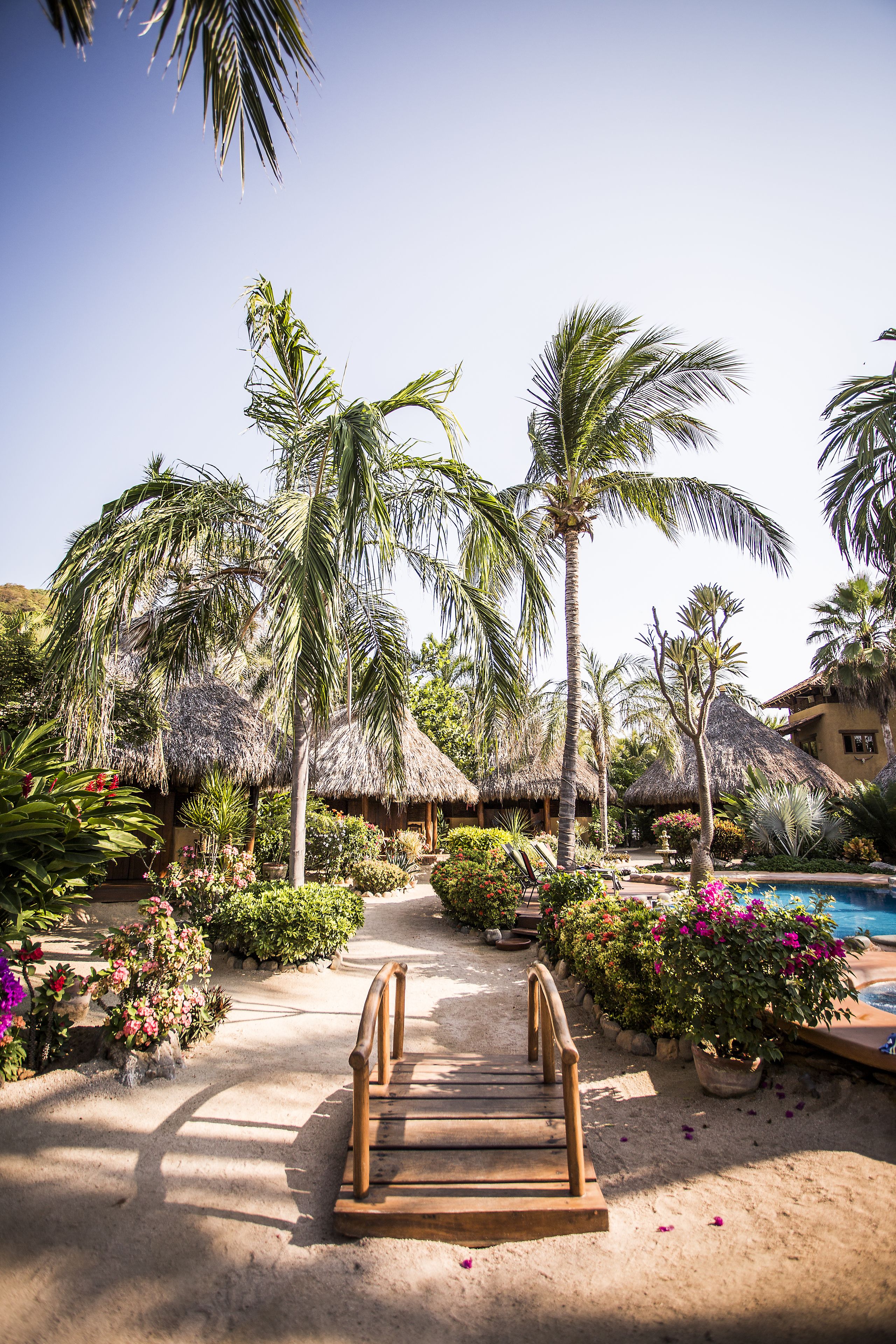A resort with a pool, palm trees, and thatched-roof huts.