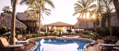 Outdoor pool, pool umbrellas, pool loungers