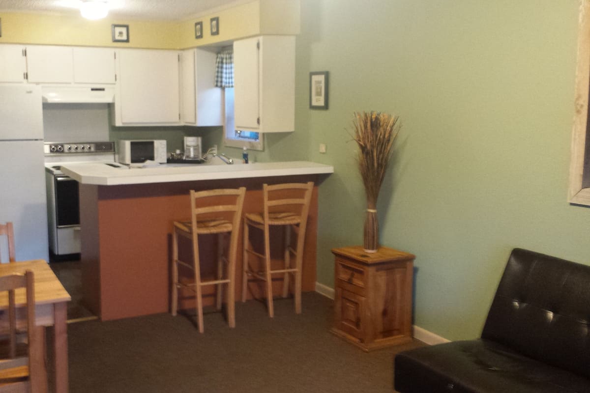 A compact kitchen with white cabinets, a microwave, and a coffee maker. There are two wooden chairs and a small wooden table. A black leather couch is visible in the foreground.
