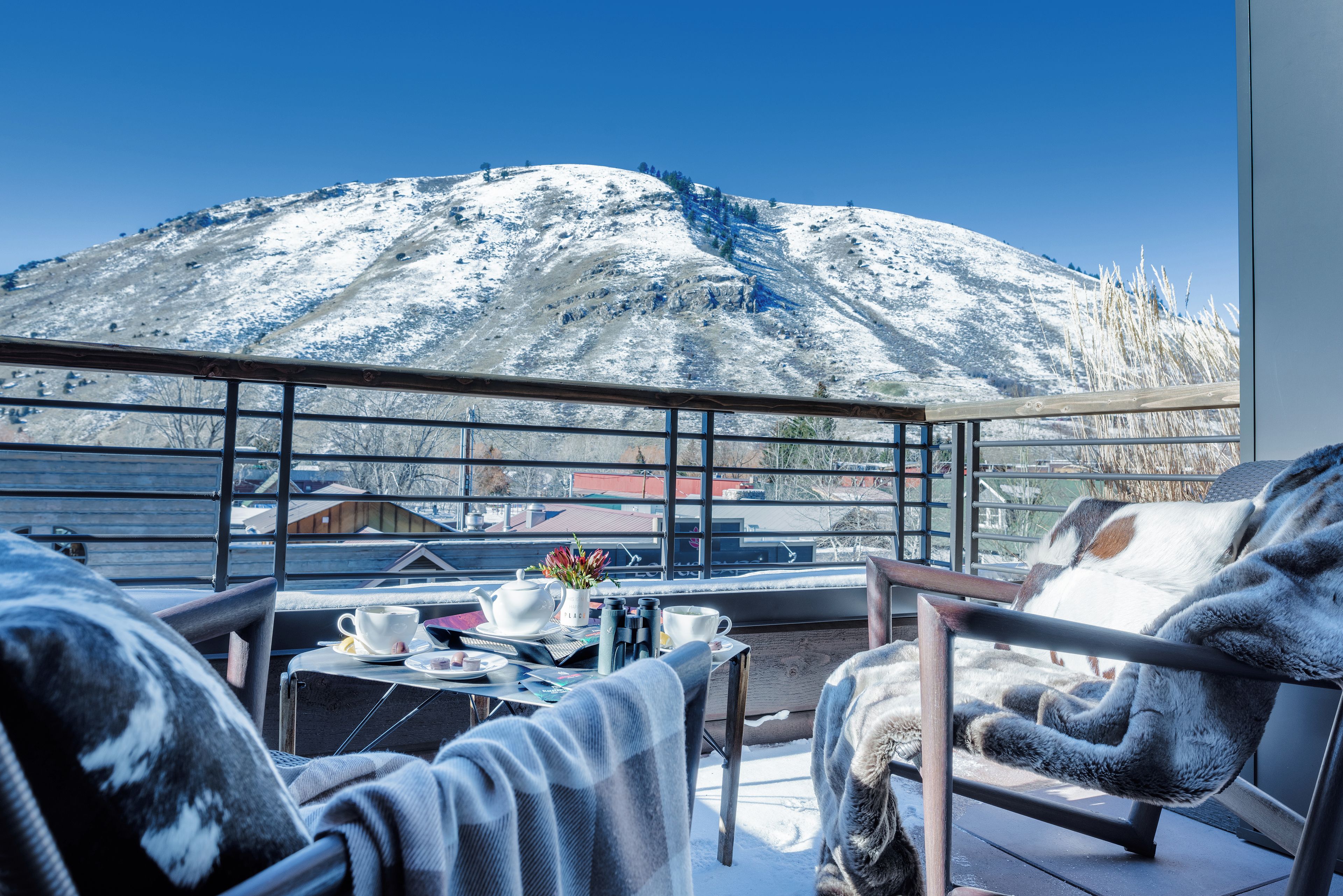A balcony with a view of a snow-covered mountain, a table with a teapot, cups, and a vase of flowers.