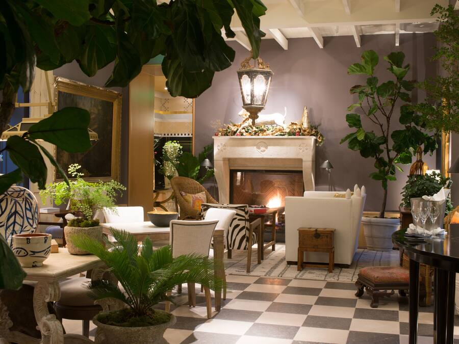 A cozy living room with a fireplace, comfortable seating, and various plants.