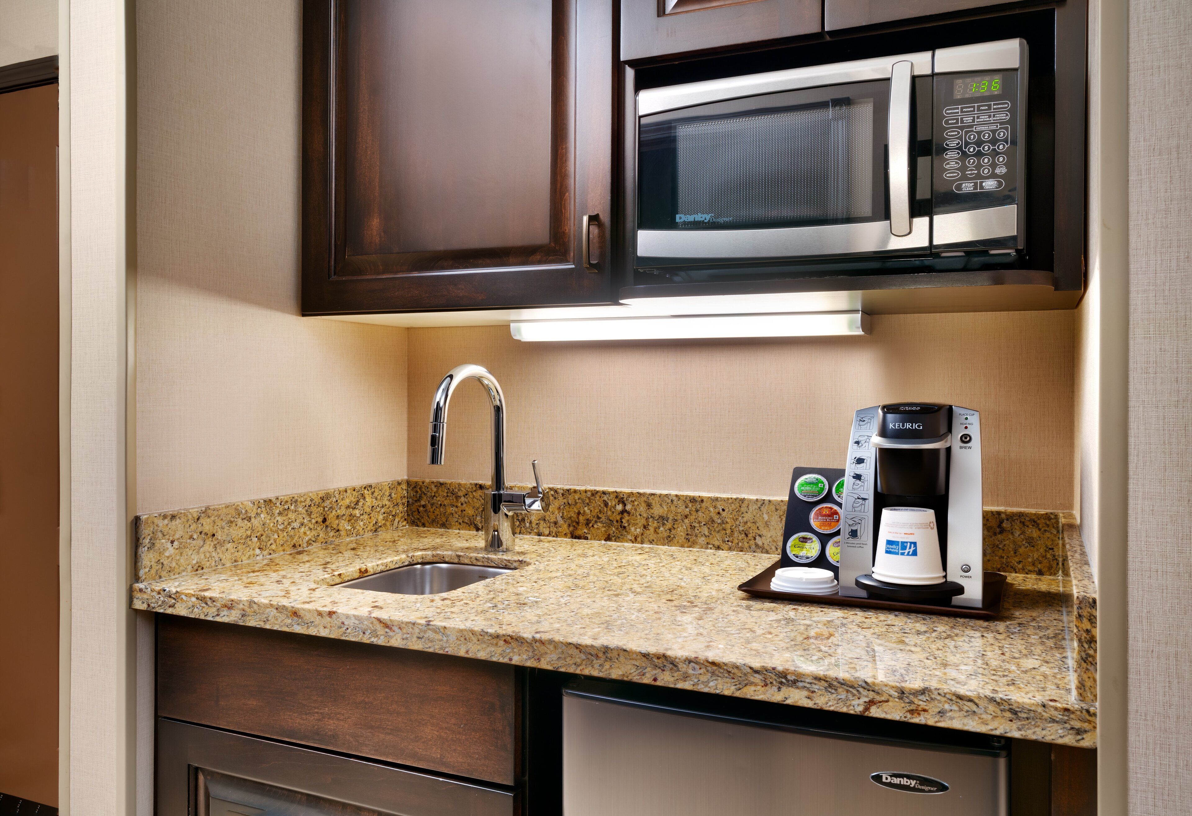 desk, laptop workspace, blackout curtains, iron/ironing board