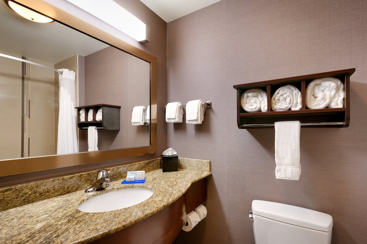 A bathroom with a granite countertop sink, a mirror, a toilet, and a shelf with towels.