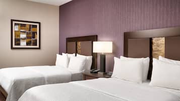 Desk, laptop workspace, blackout drapes, iron/ironing board