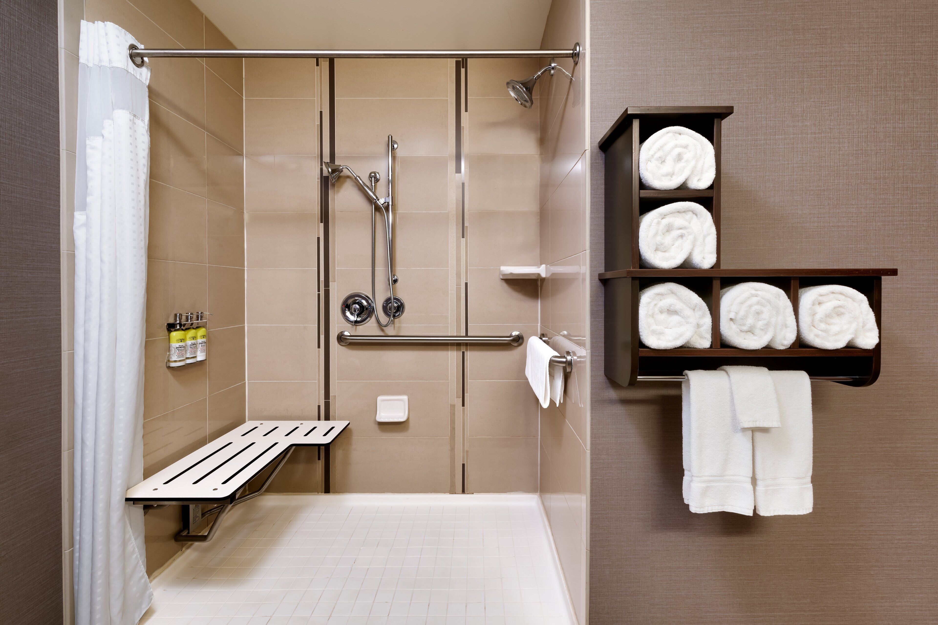 standard room, 2 queen beds, accessible (communications, roll-in shower) | bathroom | combined shower/bathtub, hair dryer, towels