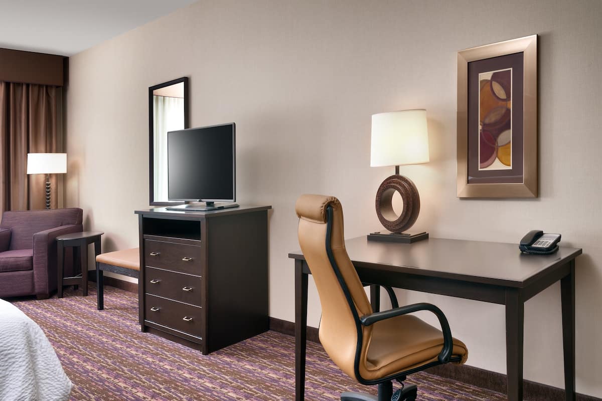 A hotel room with a bed, a desk with a computer, a chair, a television, a lamp, and a framed picture on the wall.