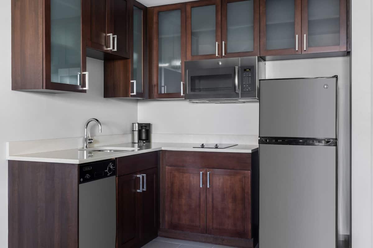 full-sized fridge, microwave, stovetop, dishwasher