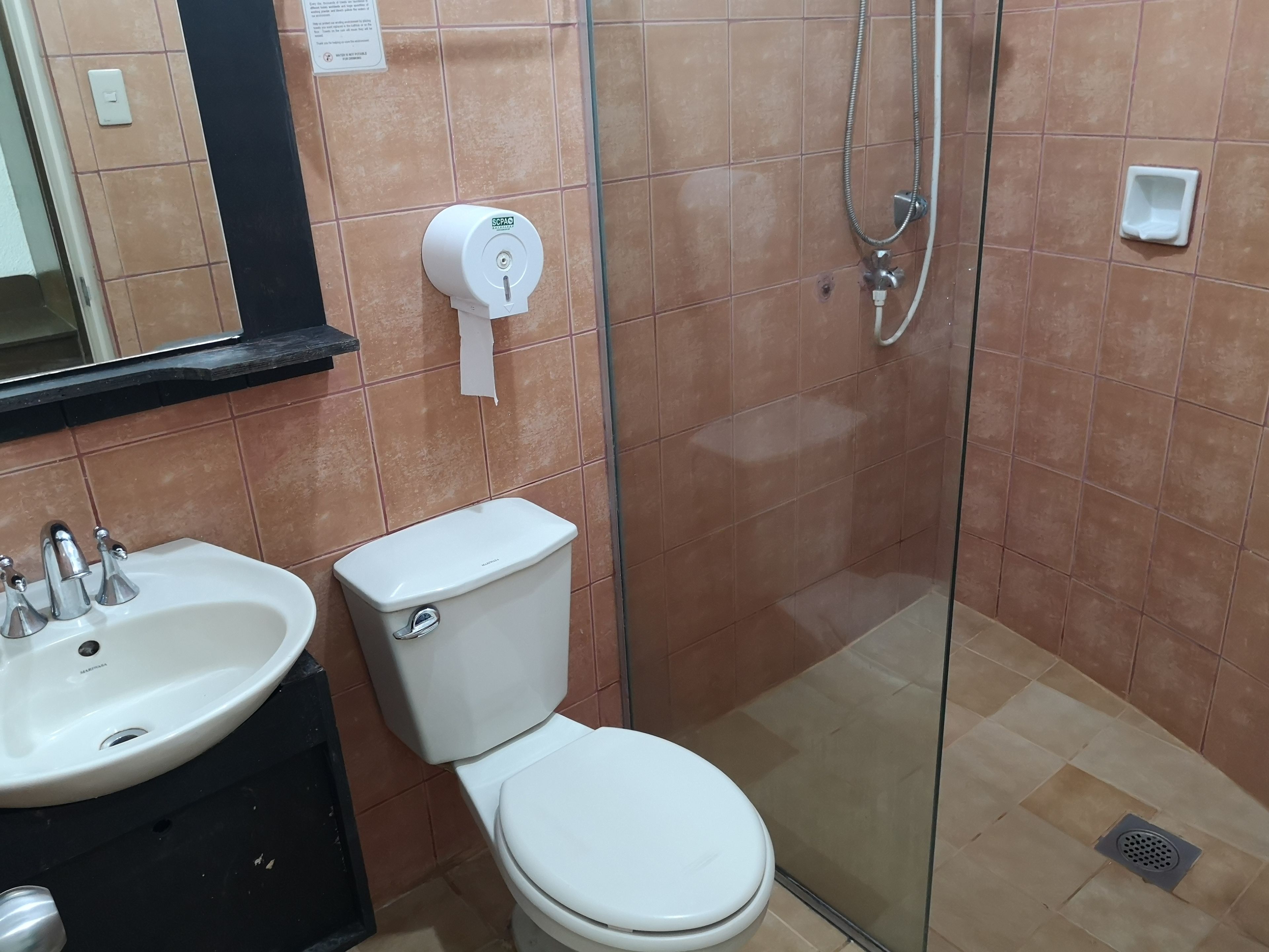 A bathroom with a toilet, sink, and shower.