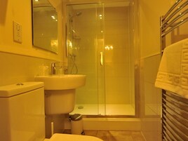 Un baño con ducha envuelta en vidrio, lavamanos e inodoro.