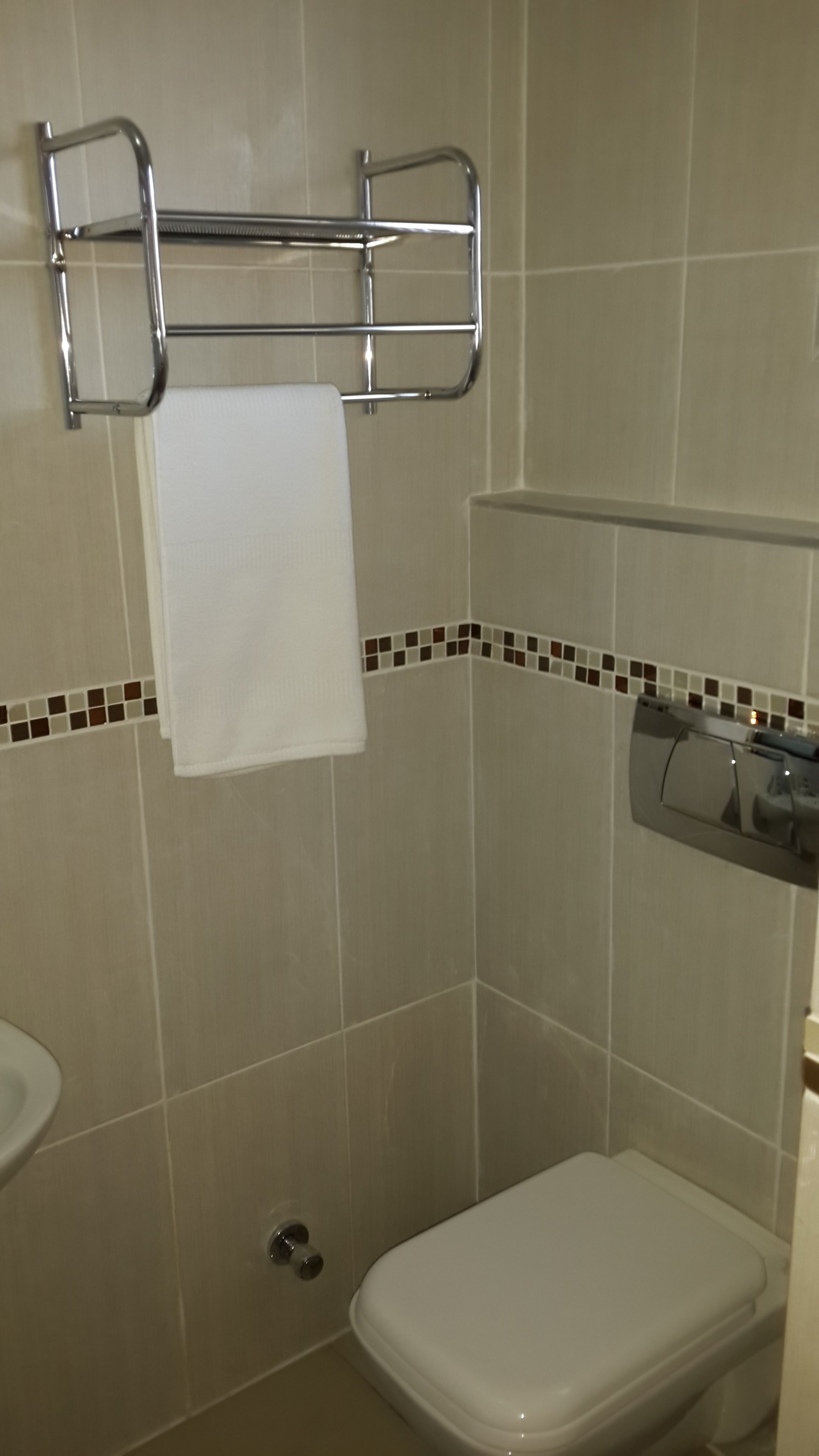 Une salle de bain équipée de toilettes, d’un porte-serviettes et d’un support à papier toilette.
