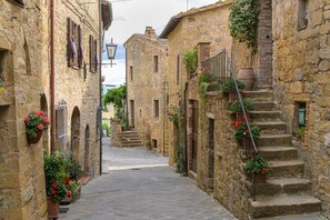A narrow stone street with steps leading up to a building, flanked by flower boxes and a lantern. - In Toscana Affittacamere (Pienza)