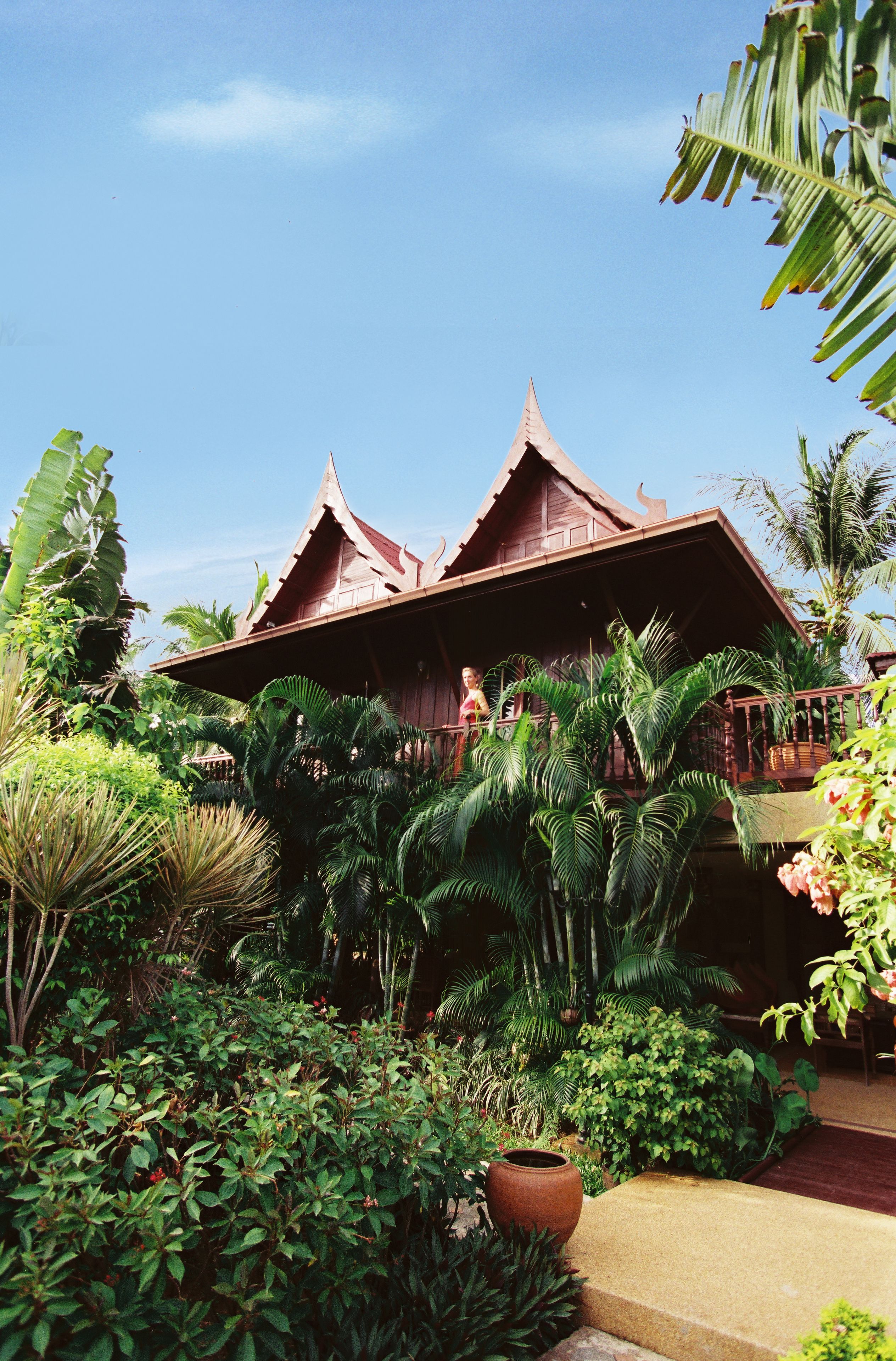 A traditional wooden building with a sloped roof surrounded by lush tropical vegetation.