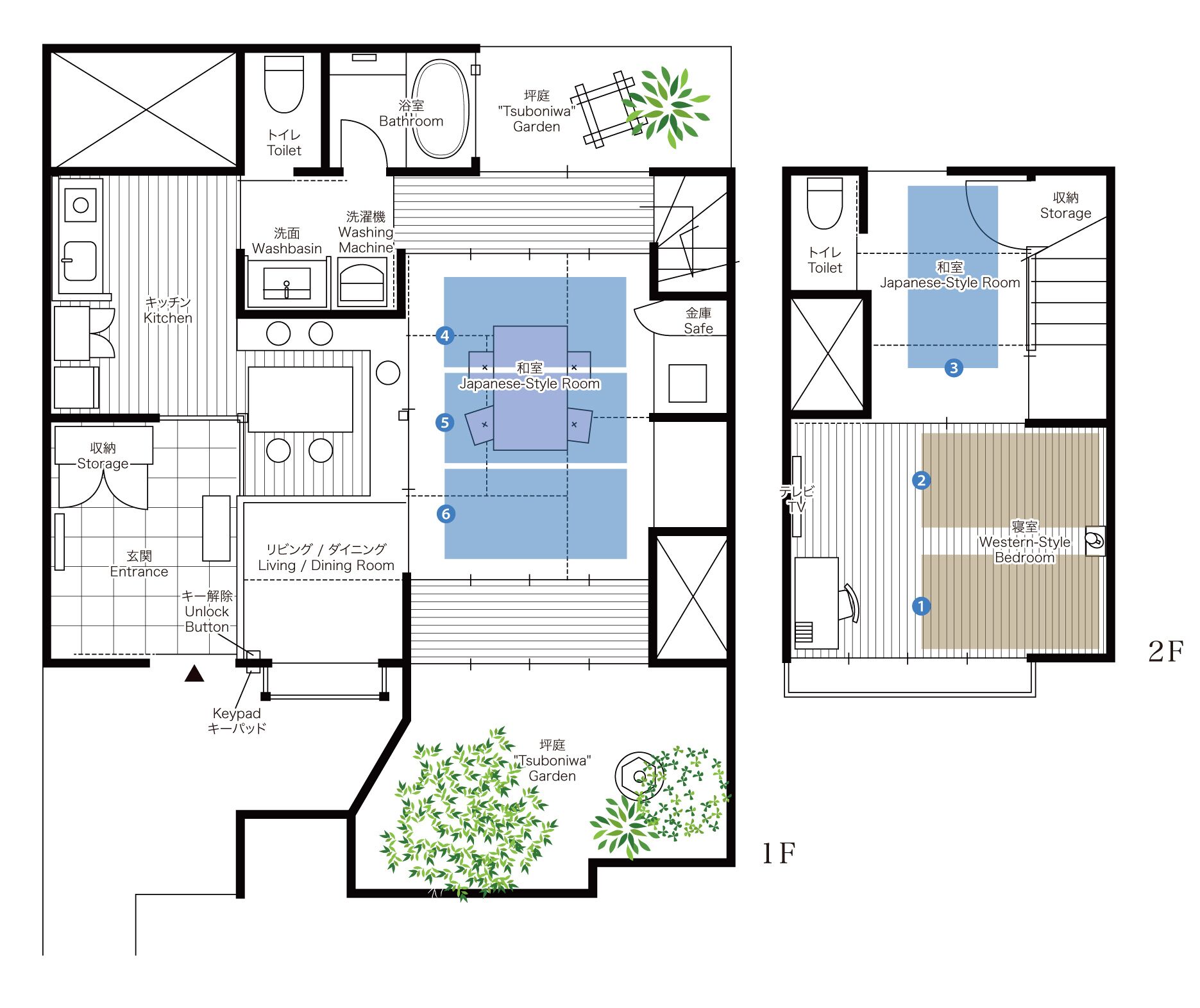 A floor plan of a hotel with a Japanese-style room, a western-style bedroom, a living/dining room, a kitchen, a bathroom, and a garden area.