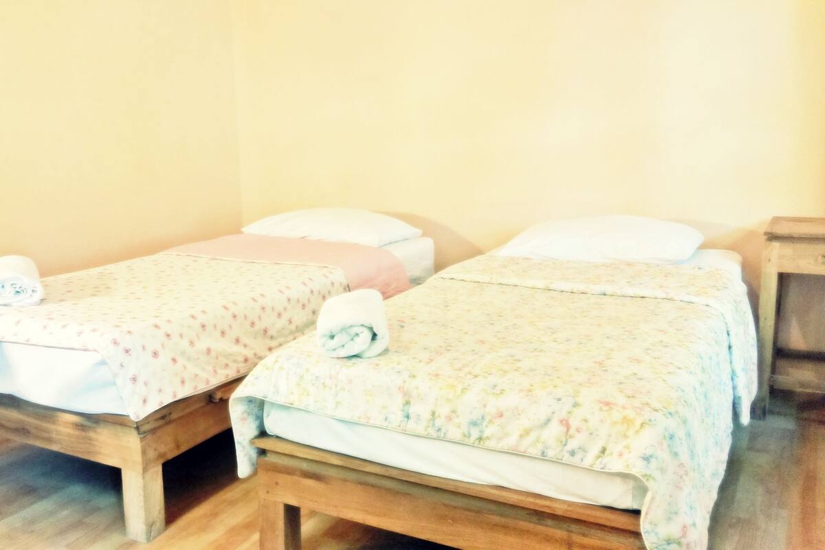 Two single beds with floral bedding and pillows, wooden headboards, and a small wooden nightstand.