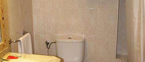 Un baño con lavamanos de mármol, inodoro y zona de ducha.