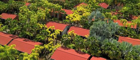 Un resort con varias edificaciones de techo rojo rodeado de abundante vegetación y vistas al océano.