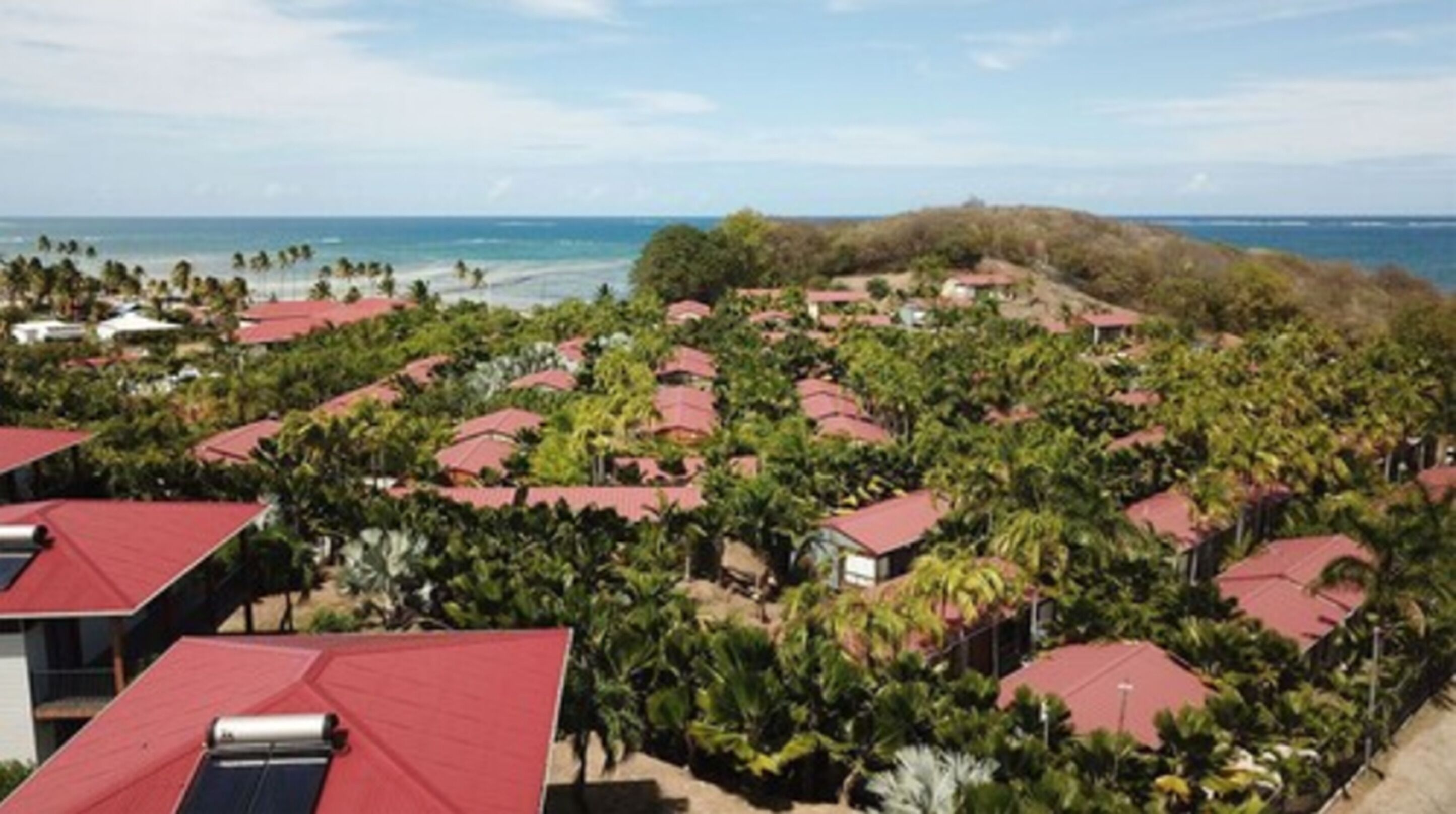 A resort with multiple buildings, each with a red roof, surrounded by dense greenery and a view of the ocean.