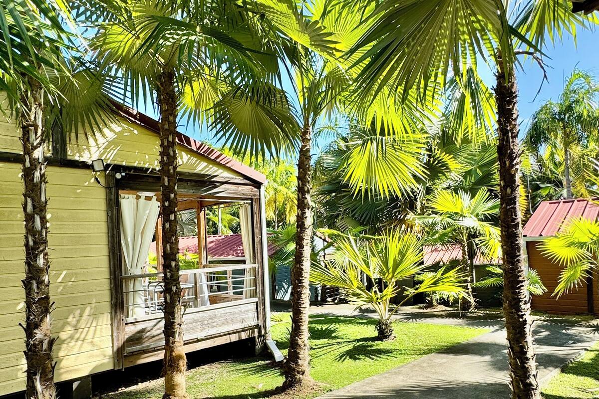 Ein kleines, eingeschossiges Gebäude mit Veranda und Fenster, umgeben von Palmen.