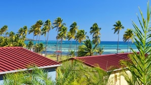 A beachfront property with red-roofed buildings, palm trees, and a clear blue sky.