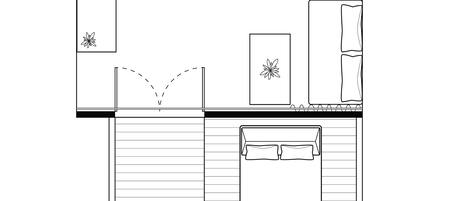 A floor plan of a hotel room with a bed, a desk, a chair, a wardrobe, a bathroom, and a small balcony.