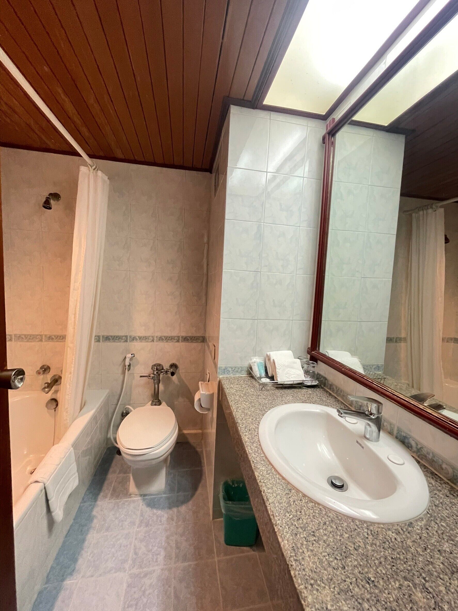 A bathroom with a bathtub, toilet, sink, and a large mirror.