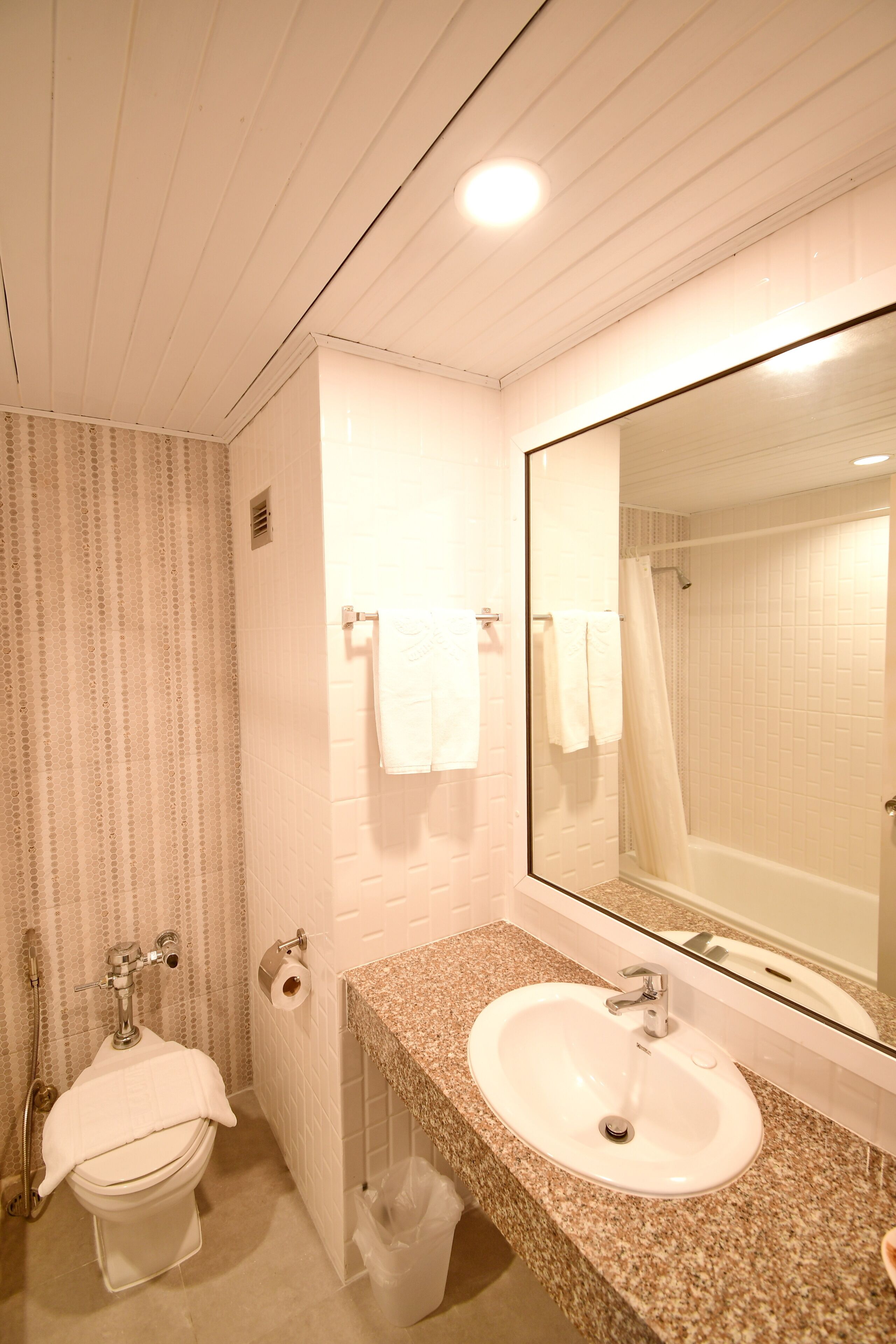 Une salle de bain avec des toilettes, un lavabo et un miroir.