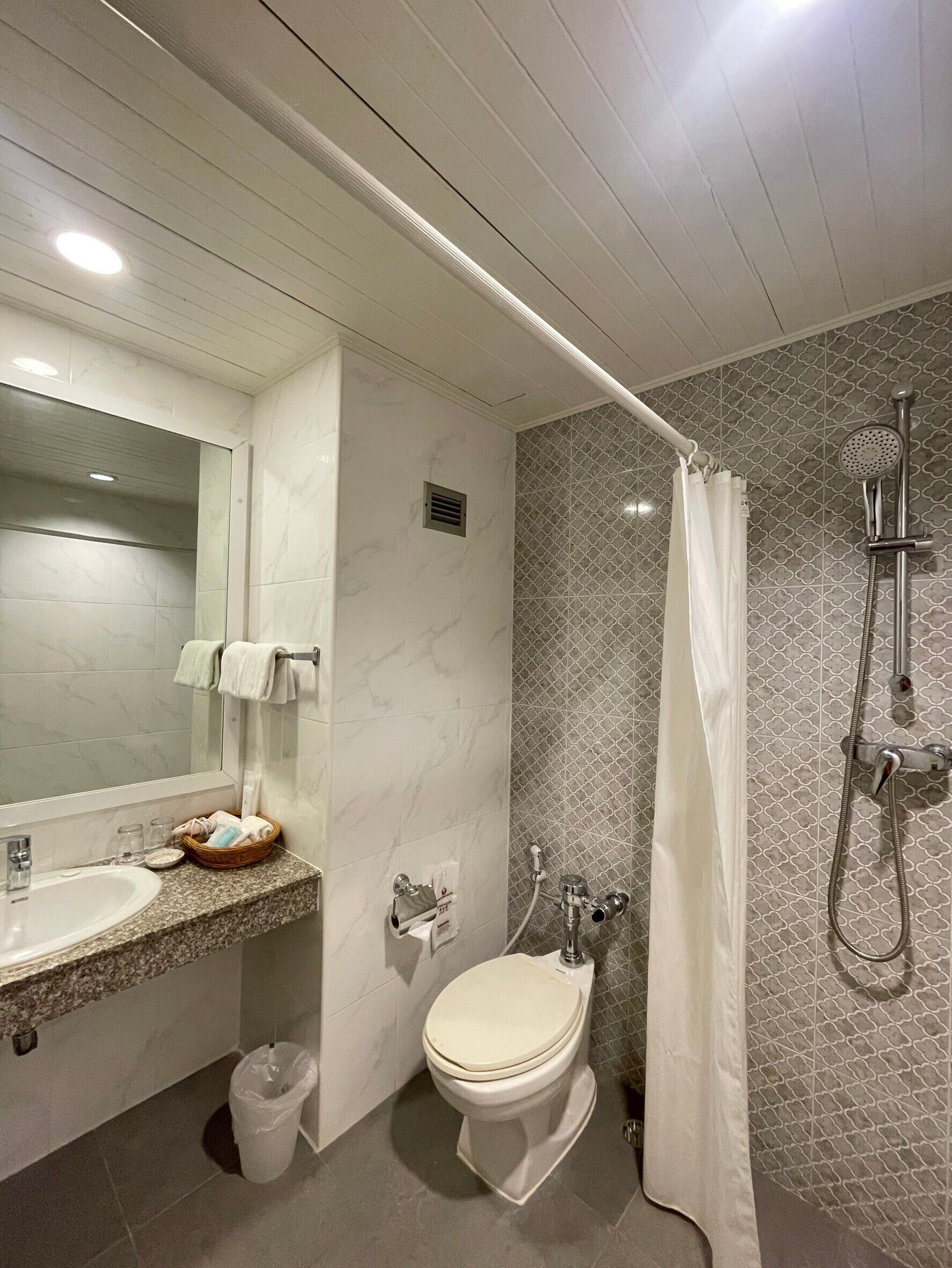 Un baño con lavamanos, inodoro y ducha.