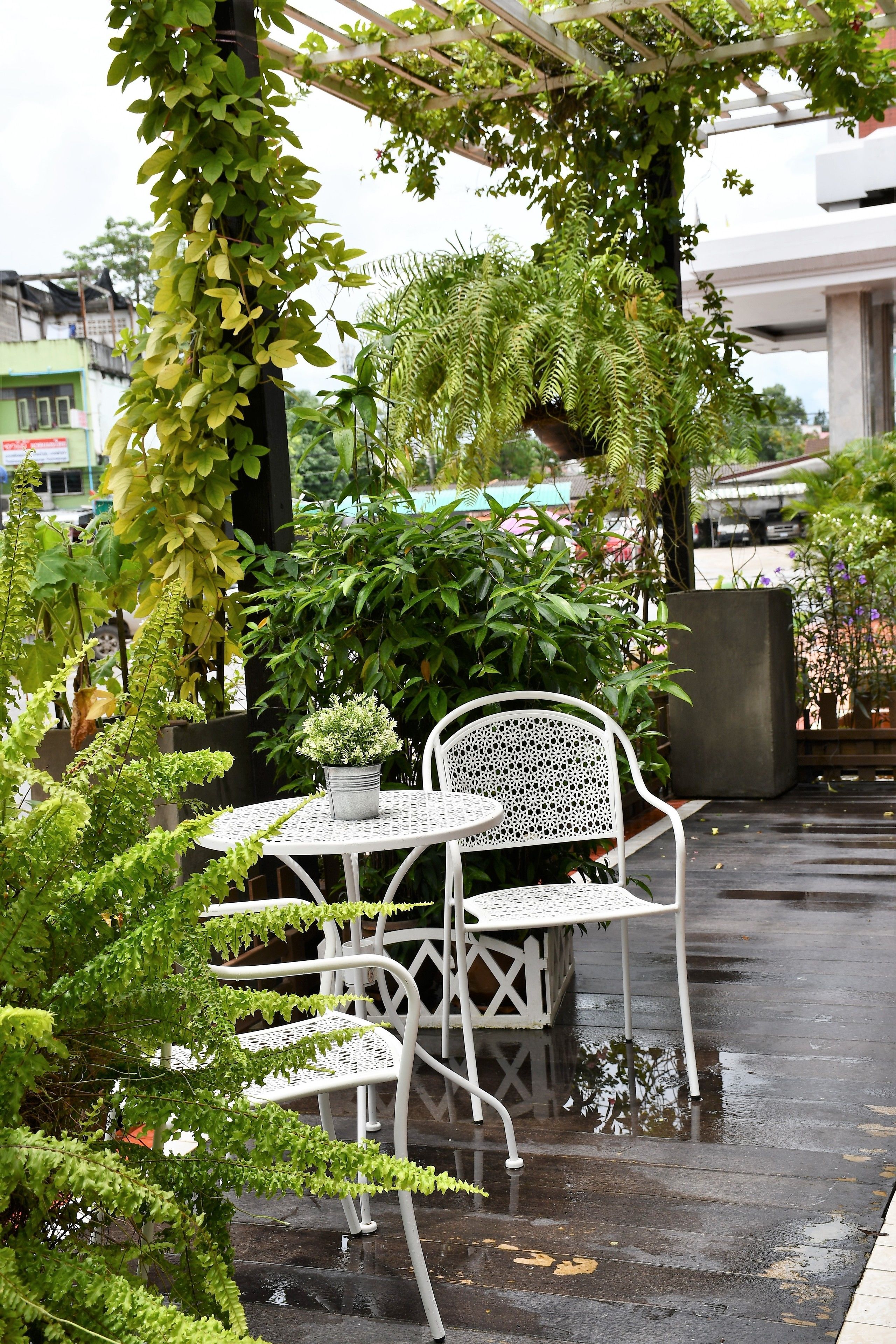 A white metal table and chair set under a green vine, surrounded by lush plants and a wet floor.