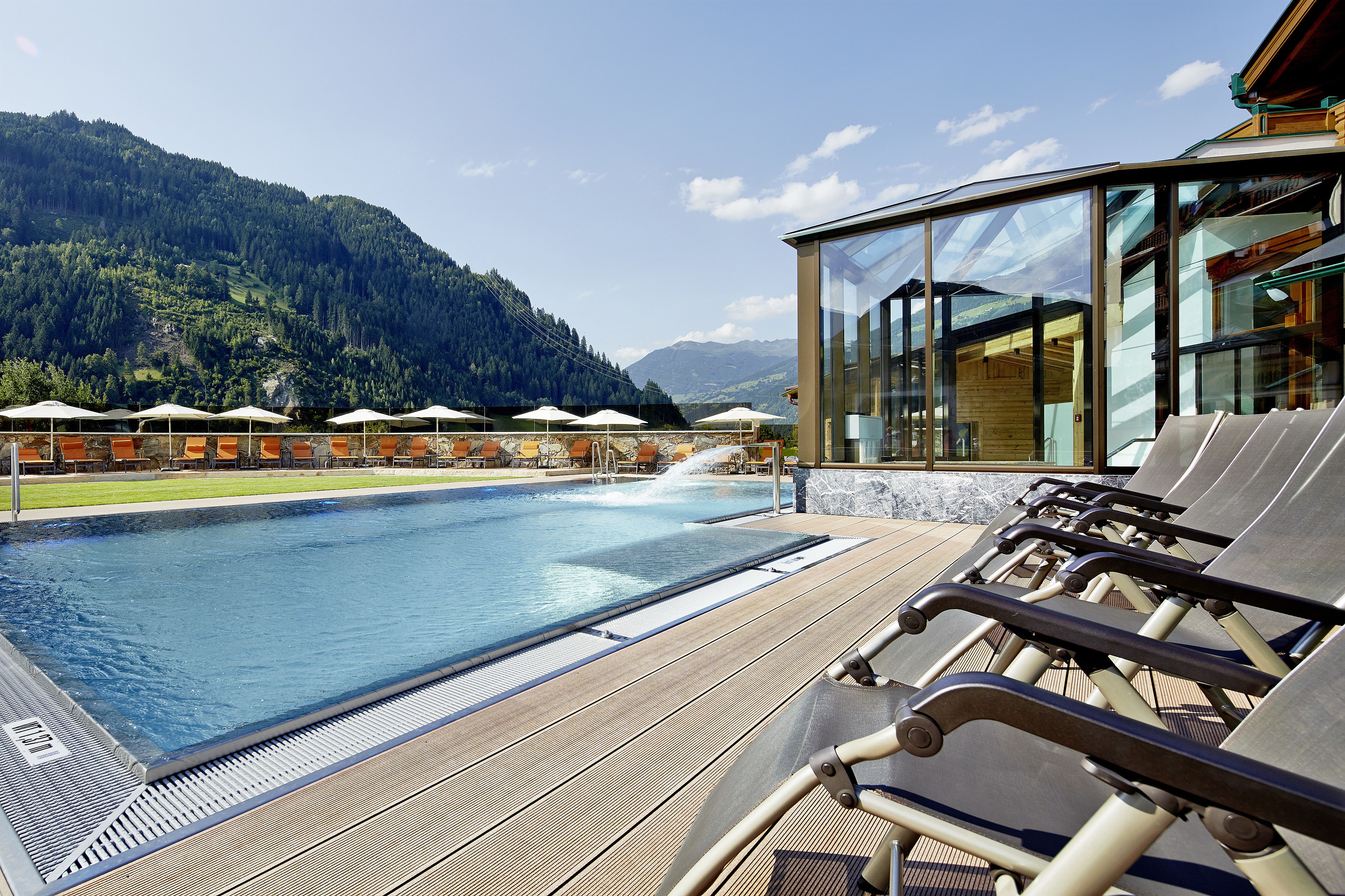 indoor pool, outdoor pool, pool umbrellas, pool loungers