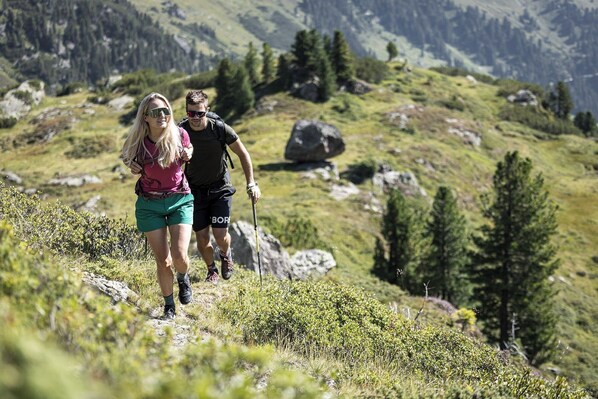 Dos personas caminando por un sendero montañoso cubierto de hierba, con terreno rocoso y árboles al fondo.