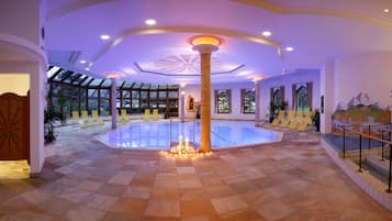 Indoor pool, outdoor pool, pool umbrellas, sun loungers