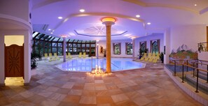 Indoor pool, outdoor pool, pool umbrellas, sun loungers