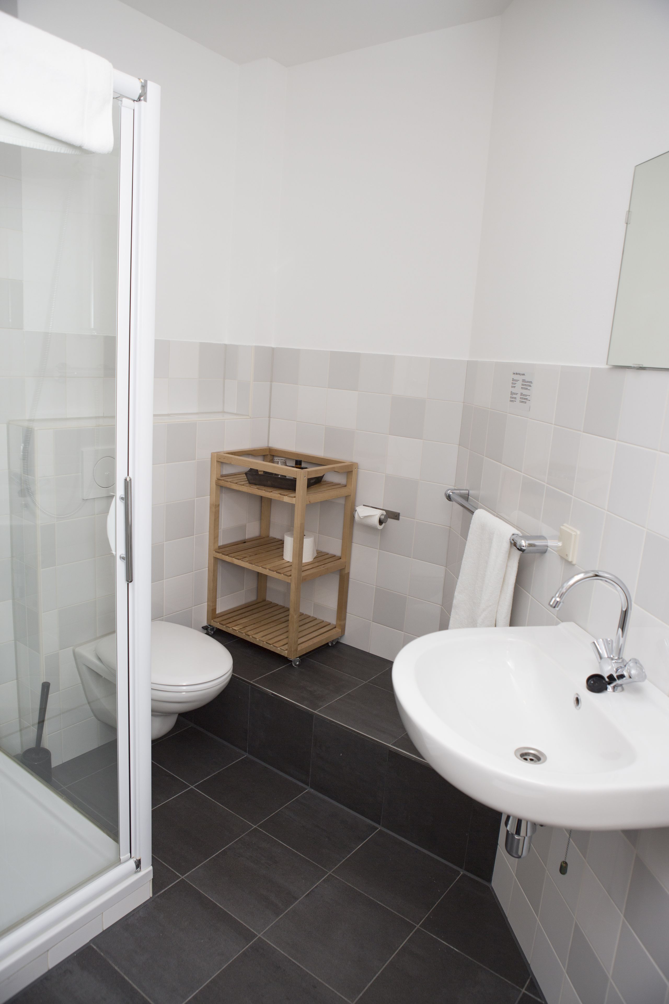 A bathroom with a glass shower enclosure, a white toilet, a wooden shelf with toiletries, and a white sink with a mirror above it.