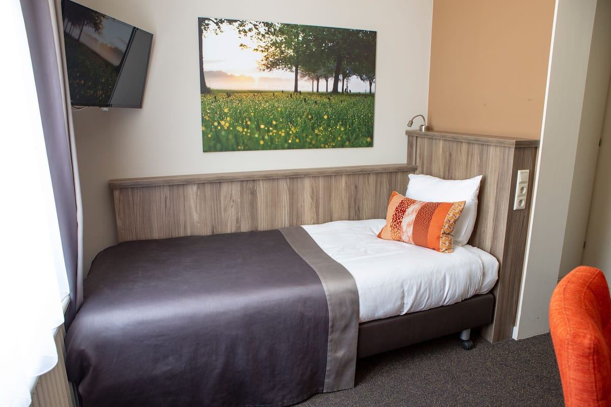Habitación de hotel con una cama, un cuadro de un campo, un televisor y un cabecero de madera.