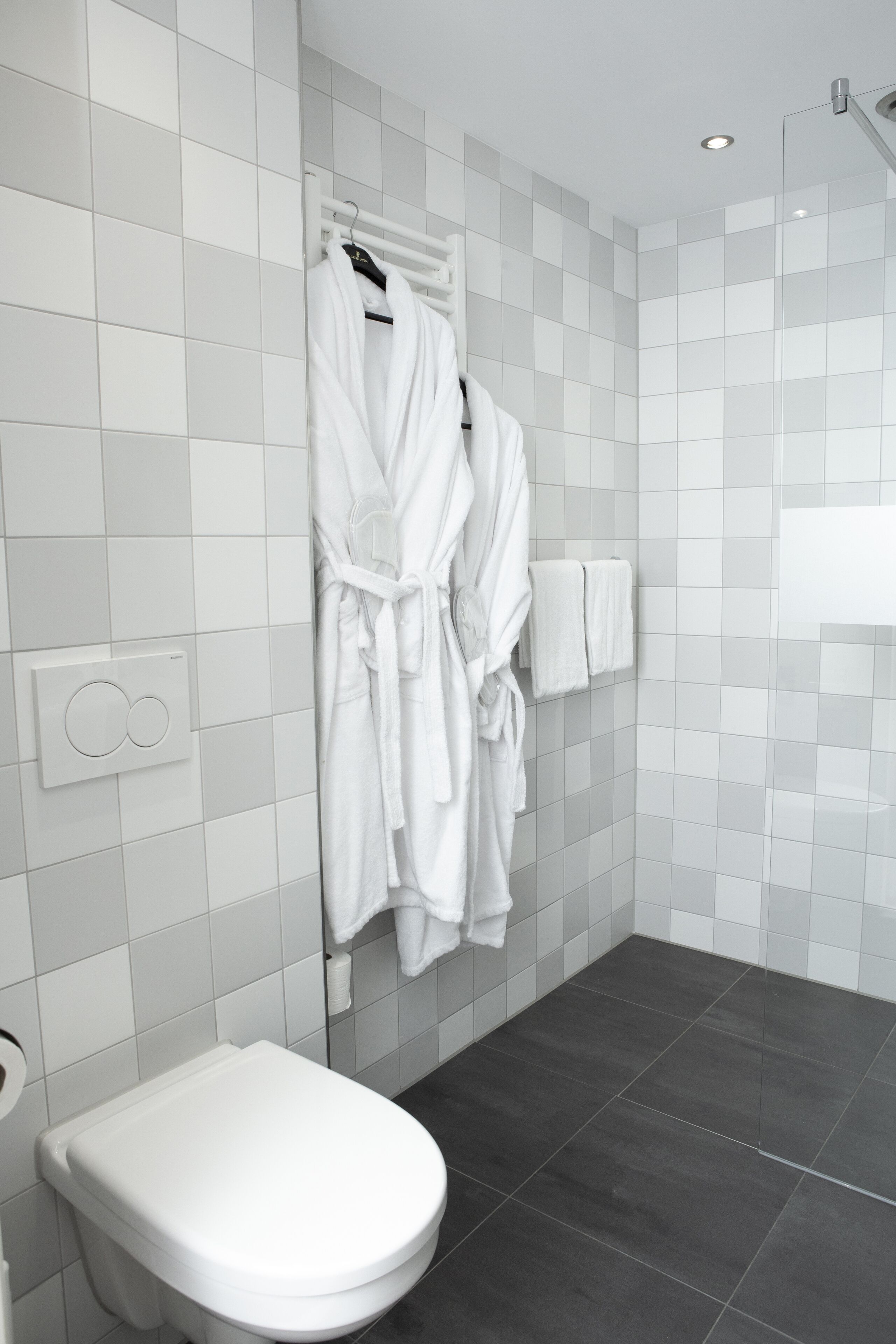 A modern bathroom with a white toilet, a towel rack with a robe, and a shower area.