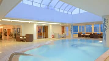 Indoor pool, open 10:00 AM to 6:00 PM, sun loungers