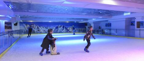 Una pista de hielo cubierta con una decoración azul y blanca, que incluye una barrera de cristal y un techo decorativo.