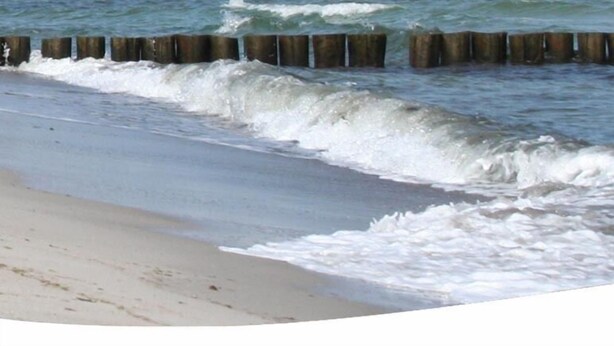 Ein Sandstrand mit brechenden Wellen an Holz-Uferbefestigungen.