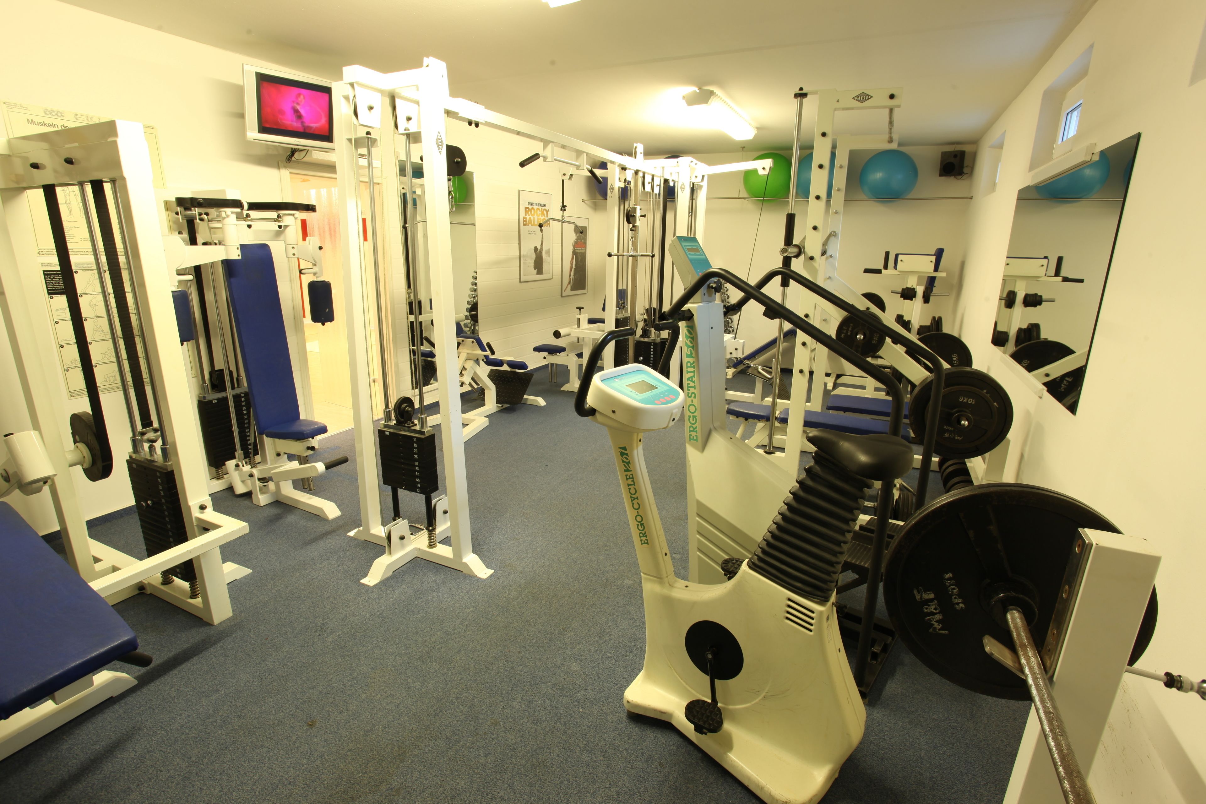 Een sportschool met diverse fitnessapparaten, waaronder een loopband, krachttoestellen en een spiegel.