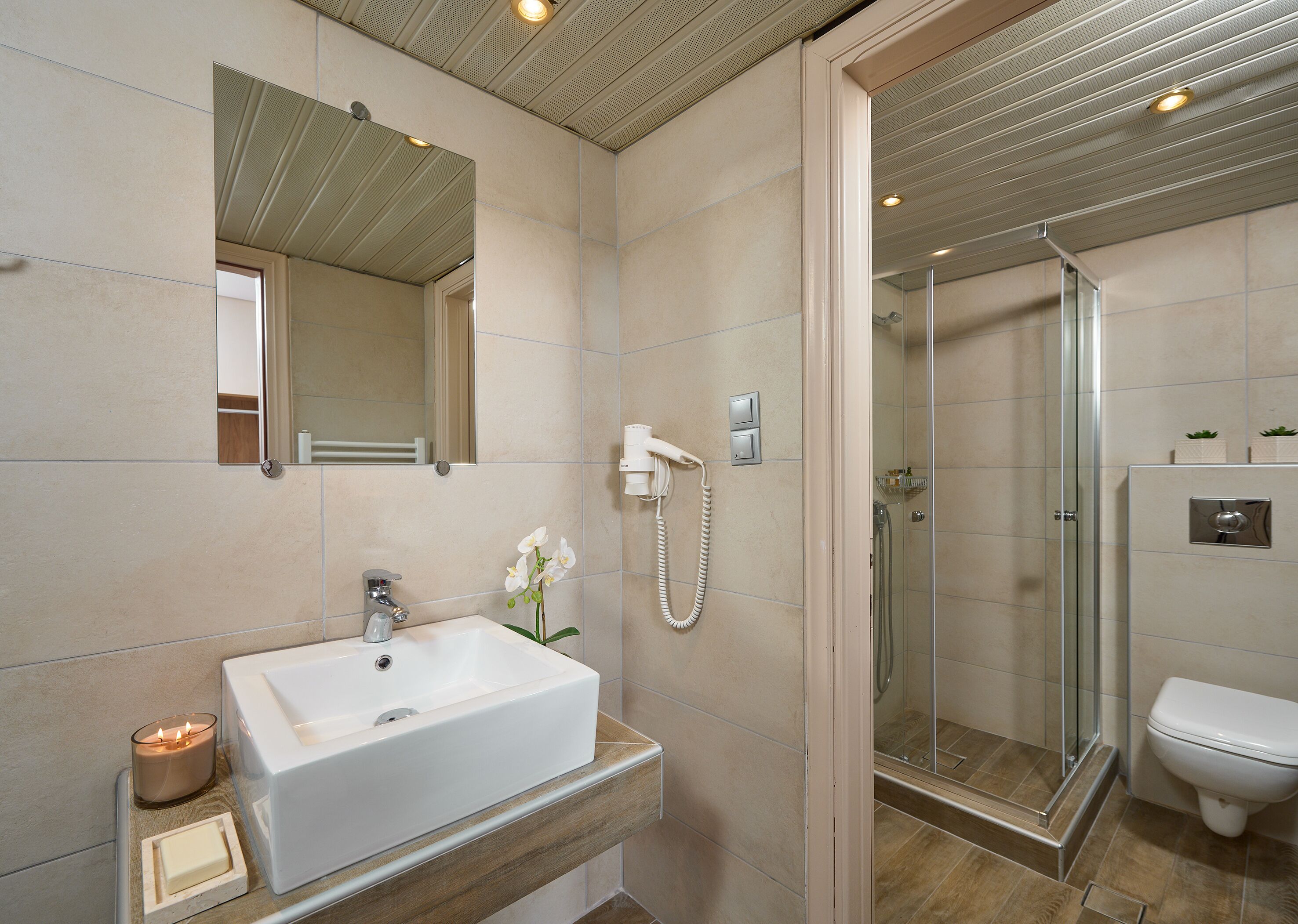 free toiletries, hair dryer, slippers, towels