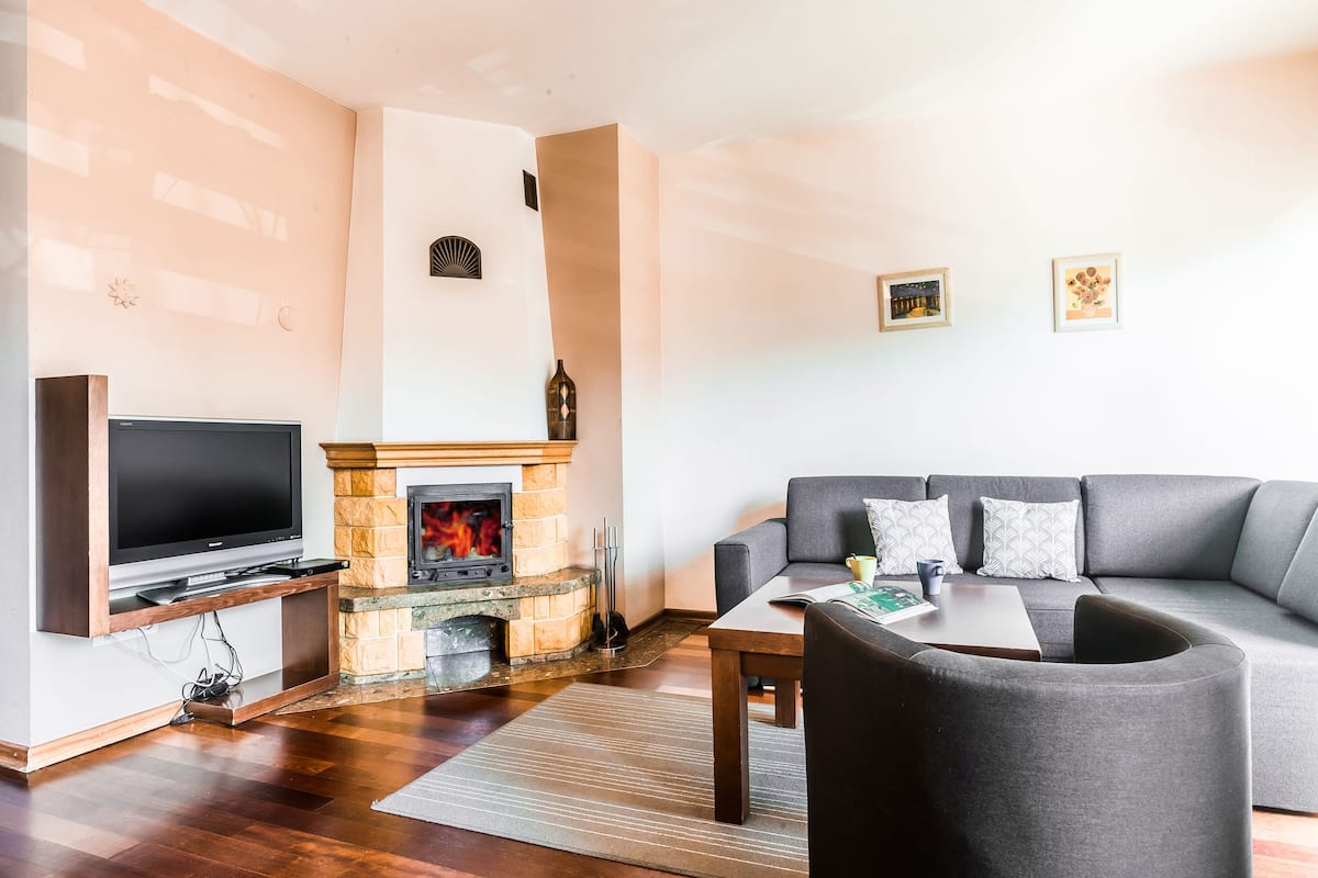 Una sala de estar con chimenea, un sofá, un televisor y una mesa de centro.