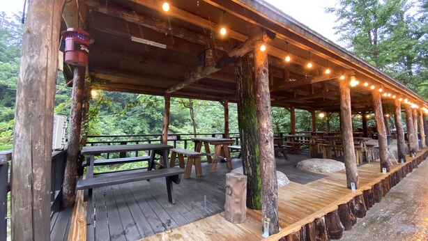 An outdoor wooden deck with picnic tables and string lights, surrounded by trees.