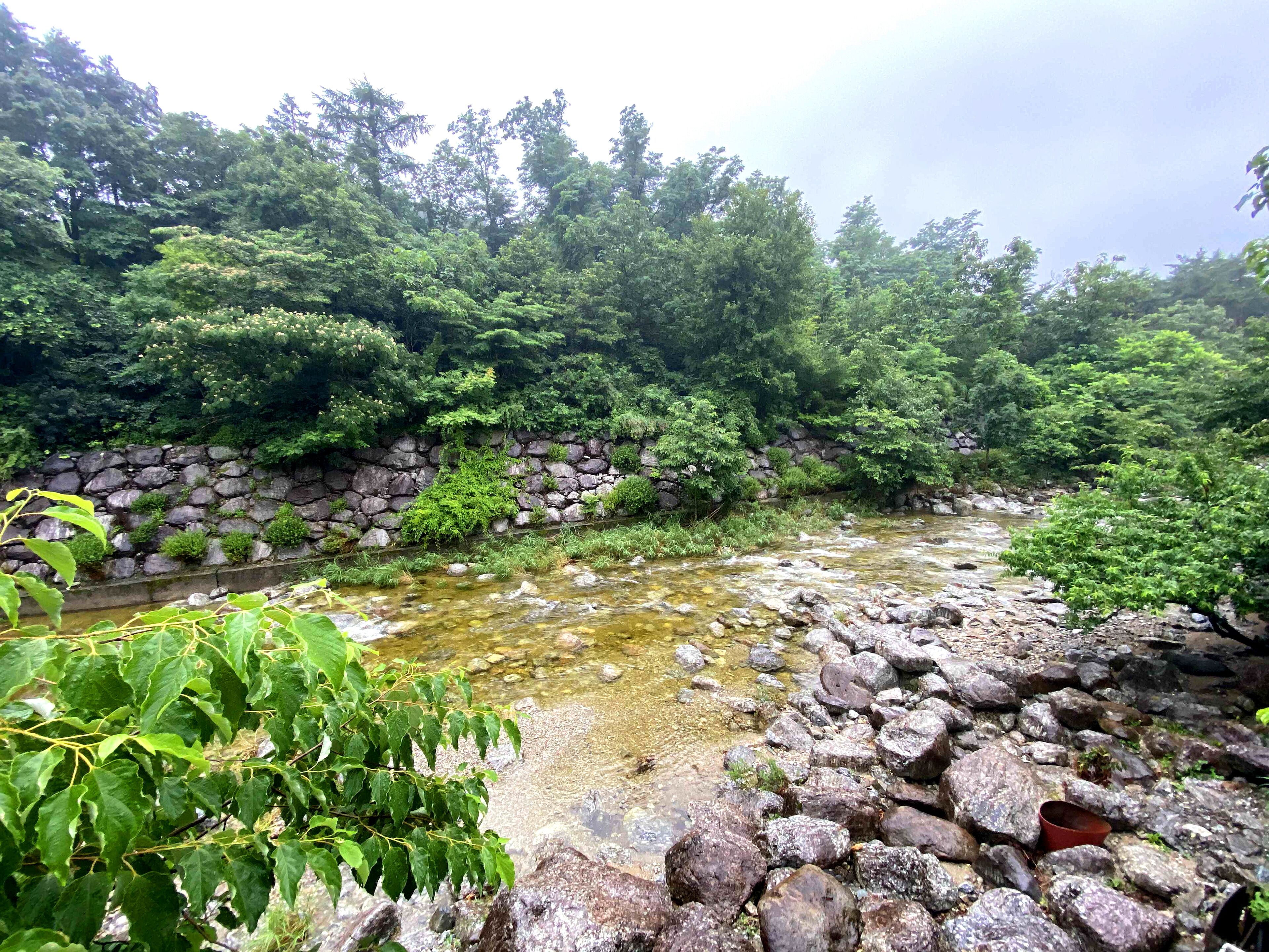 A river flowing through a rocky landscape with dense greenery and a stone wall.