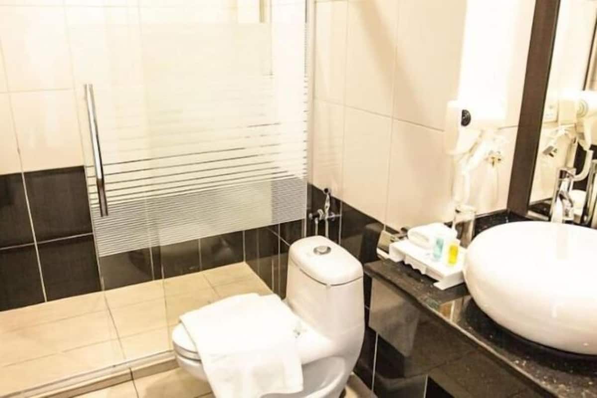 Shower, free toiletries, hair dryer, slippers