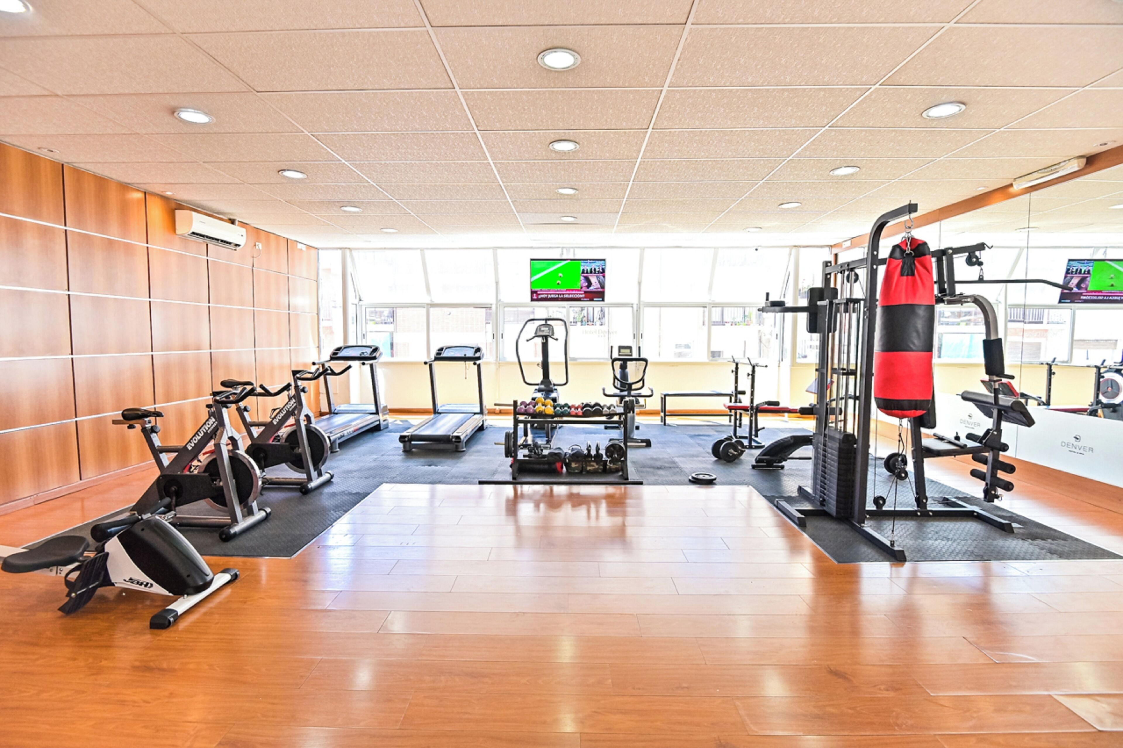 A gym with cardio machines, weightlifting equipment, and a punching bag.