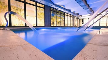 Indoor pool, open 1:00 PM to 9:00 PM, pool loungers