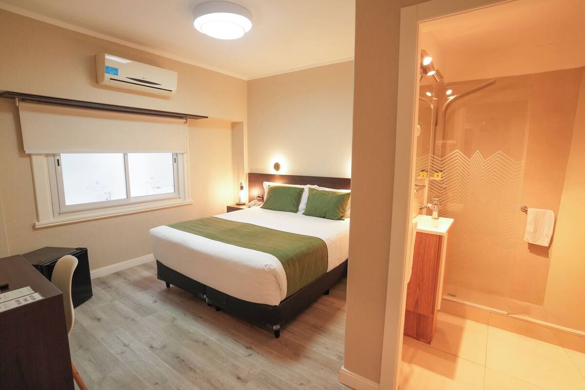 A hotel room with a bed, a desk, a window, an air conditioning unit, and a shower area.