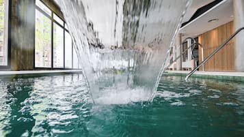 Indoor pool, open 3:00 PM to 9:00 PM, pool loungers