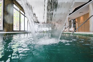 Indoor pool, open 1:00 PM to 9:00 PM, sun loungers